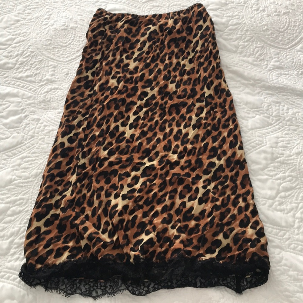 Leopard cheetah slip skirt with lace trim